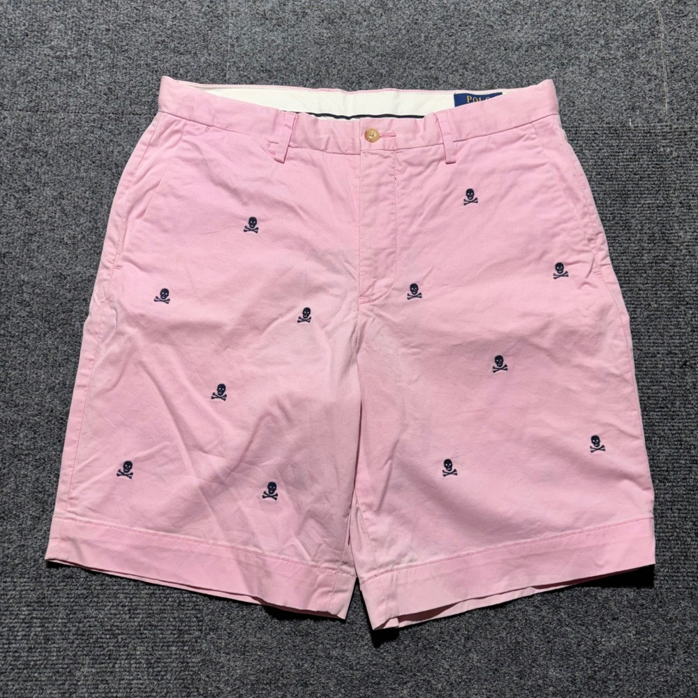 Polo Ralph Lauren Mens Pink Skull Crossbones Embroidered Chino Shorts Size 31